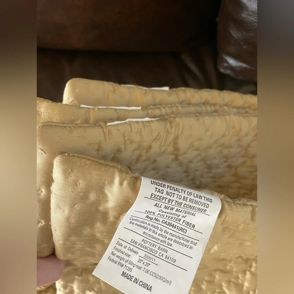 Pottery Barn Gold Quilted Silk Pillow Shams 20x20” Set of 4